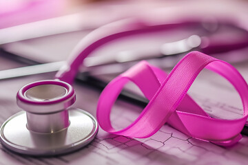 Pink stethoscope with pink ribbon on the table