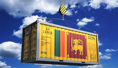 Foto op Aluminium Freight shipping container with national flag of Sri Lanka hanging on crane hook - 3D illustration © PX Media