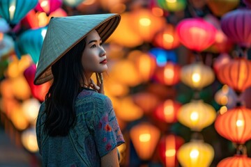Asian woman wearing conical Non La hat against colorful Chinese aerial lanterns background - obrazy, fototapety, plakaty