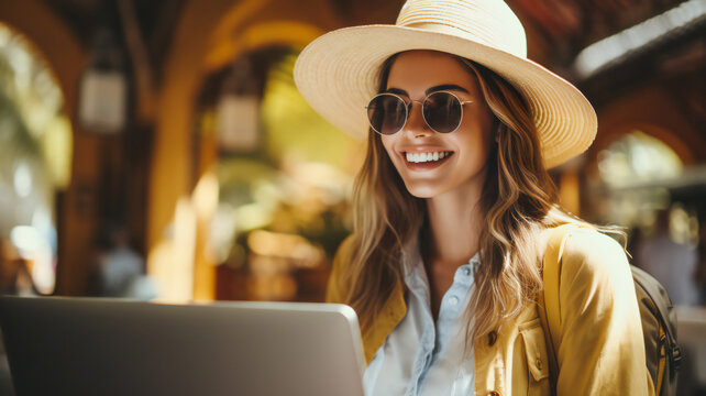 Person Working On Laptop. Happy Young Woman In Hat Planning Vacation Travel With Tablet, Computer, Reading Tourist Blog Online, Booking Tickets Or Hotel Room On Web. Online Shopping