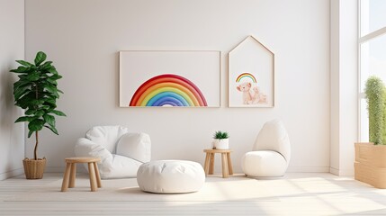 colorful children's room with white walls and furniture, featuring a rainbow carpet and a view through the window.