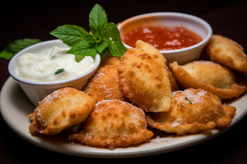 A plate of fried ravioli stuffed with cheese.