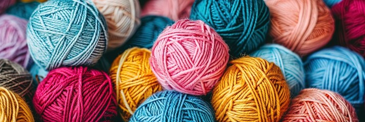 Colorful balls of yarn overhead photo - obrazy, fototapety, plakaty