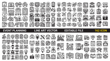 Event planning icons set line art and flat style. Event party planning collection icons set vector. - obrazy, fototapety, plakaty