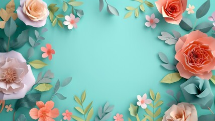 Festive floral frame animation. Blank botanical template with copy space. Colorful paper flowers and green leaves growing, appearing on pastel mint background.