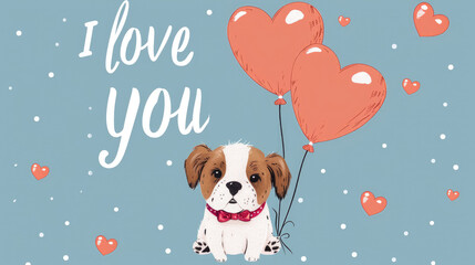 Fototapeta na wymiar Illustration of a cute puppy with balloons on Valentine's Day holiday on a blue background