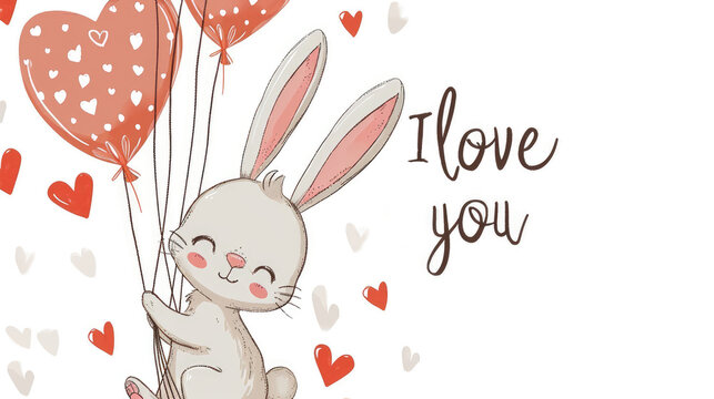 Illustration of a cute bunny with balloons on Valentine's Day holiday on a white background