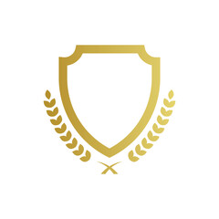 Shield icon vintage style. Gold color. Protect shield security line icons. Badge quality symbol, sign, logo, or emblem. Vector illustration