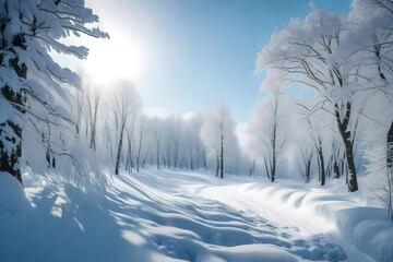  A serene snow-covered forest with tall evergreen trees laden with pristine white snow