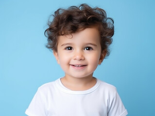 Naklejka premium Smiling Toddler Boy with Curly Hair Against Blue Background.