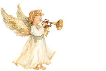 Watercolor Christmas angel playing a trumpet isolated on white background