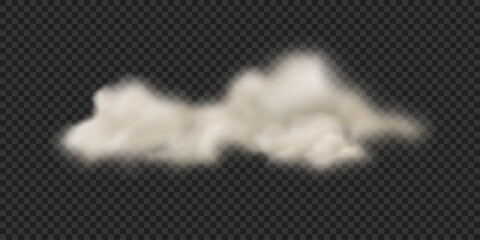 White realistic fluffy cloud isolated on transparent background. Vector illustration with soft smoke in the sky.