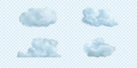 Vector icons of fluffy smoke in blue sky. EPS10 Set of realistic clouds isolated on light background