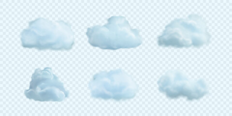 Vector icons of fluffy smoke in blue sky. Set of realistic clouds isolated on light background