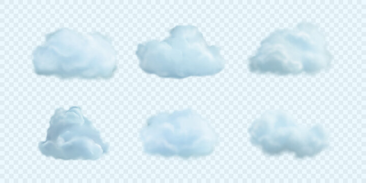 Vector icons of fluffy smoke in blue sky. Set of realistic clouds isolated on light background