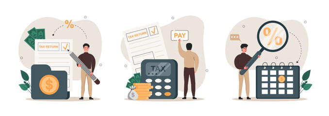 Taxes illustration set. Сharacter fills out a tax return, calculates the tax percentage by quarter and pays the tax. Taxation planning concept. Vector illustration. - obrazy, fototapety, plakaty