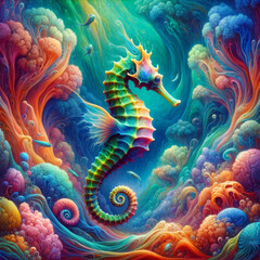 Fototapeta na wymiar Sea Dragon in Coral Eden.. Colourful sea dragon amidst a surreal coral garden, blending fantasy and marine life.
