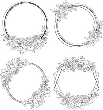 Elegant floral frame with roses and leaves in a line art
