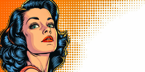Naklejka na ściany i meble Retro pop art illustration of a woman with vibrant colors and copyspace for text