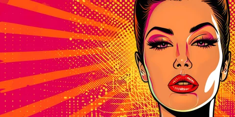 Fotobehang Retro pop art illustration of a woman with vibrant colors and copyspace for text © JuanM