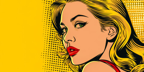 Retro pop art illustration of a woman with vibrant colors and copyspace for text