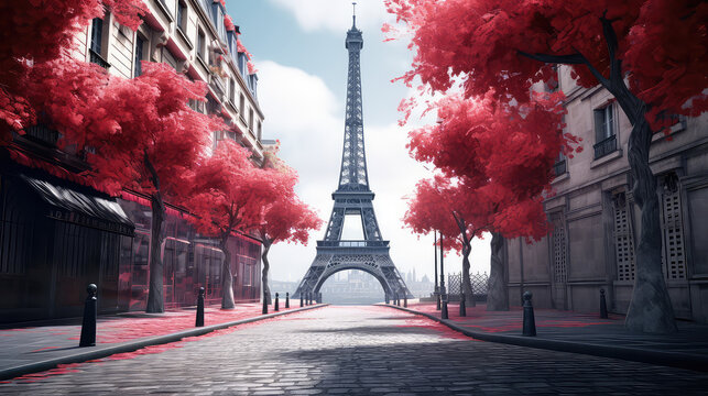 3d illustration of street view of Paris. Artwork. eiffel tower . Red Tree. France