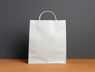 A white paper bag mockup in a room with black walls and a light brown wooden floor. Suitable for product design, branding, and sales promotion purposes. Created with Generative AI.