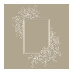 Elegant floral frame with roses and leaves line art