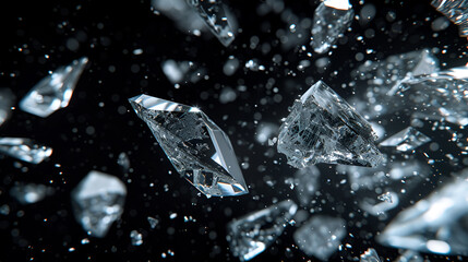 Numerous small broken pieces of crystal scattered in the air. The background is black. ethereal.
