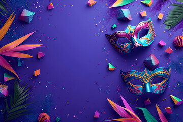 Postcard Happy Purim, Jewish holiday carnival fair background with carnival masks and traditional Jewish items, abstract background.