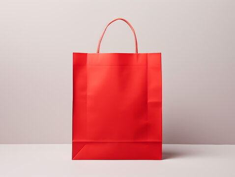 A 3d realistic red paper bag mockup in a pink room. Suitable for product design, branding, and sales promotion purposes. Created with Generative AI.