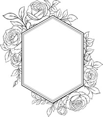 Elegant floral frame with roses and leaves in line art style