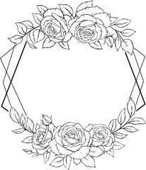 Elegant floral frame with roses and leaves in a line art