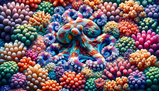 Camouflaged Octopus on a Colourful Coral Reef. 
A vibrant picture featuring a octopus hiding itself on a colourful coral reef