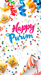 Fototapeta na wymiar Festive Purim background, Purim attributes, triangular pies, Haman ears, traditional hamantaschen cookies. Postcard on a white background.