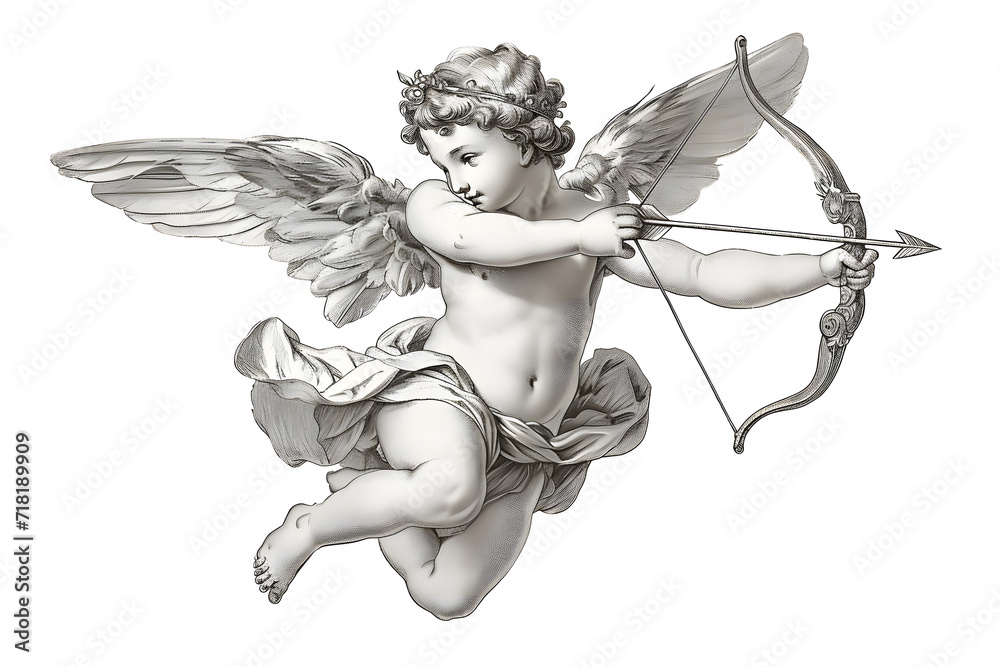 Wall mural cupid flying overhead shooting his arrow vintage illustration isolated on white background - Wall murals