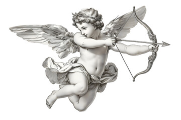 Cupid flying overhead shooting his arrow vintage illustration isolated on white background - obrazy, fototapety, plakaty