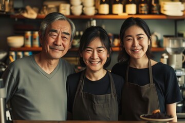 Family-owned coffee shop, elderly Asian man with two young adult women, smiling warmly in cozy cafe setting, warm family moment, senior father with two adult daughters, owners rustic coffeehouse.