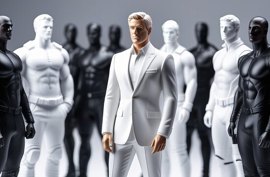 One white mannequin guy stays between black and white mannequins guys