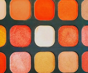 In the picture is a black eyeshadow box. There are eyeshadow colors in the box in orange, cream, and pink tones used to make women's makeup beautiful.