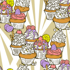 Tasty sweet cupcake dessert decorative seamless pattern for textile design, fabric print, digital or wrapping paper, wallpaper, background and backdrop, bakery shop decoration, cafe, restaurant menu.