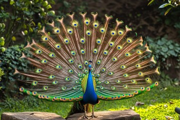 Obraz premium Vibrant feathers spread in a regal display as a peacock proudly struts among the lush greenery, embodying the beauty and majesty of nature's creatures