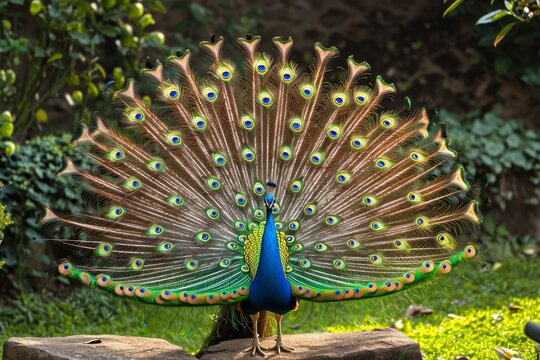 Vibrant feathers spread in a regal display as a peacock proudly struts among the lush greenery, embodying the beauty and majesty of nature's creatures