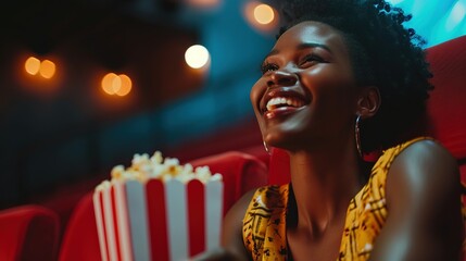 Fototapeta premium a young african-american woman with popcorn watching movie in cinema laughing, cinema and theatre. Created with Generative Ai technology.