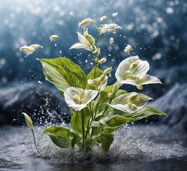 Beautiful white hosta flowers on a dark background with splashes of water