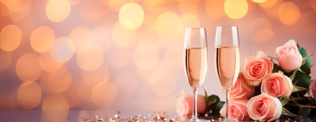 Two glasses of champagne with pink  roses on a wooden table with bokeh background, horizontal banner, copy space for text, Valentine's Day, love wedding celebration concept 