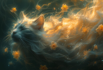 Cat in underwater daffodil world, jellyfish inspired
