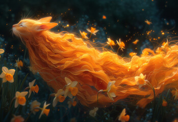 Cat in underwater daffodil world, jellyfish inspired
