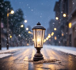 Lantern on a snowy street in the city during a snowfall