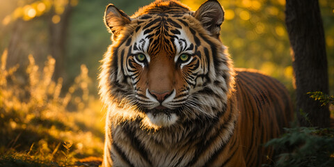 Obraz premium Emerald fire in the Siberian dusk: A tiger's piercing gaze ignites awe in this capture. Golden sunlight paints its regal form, commanding respect and admiration.